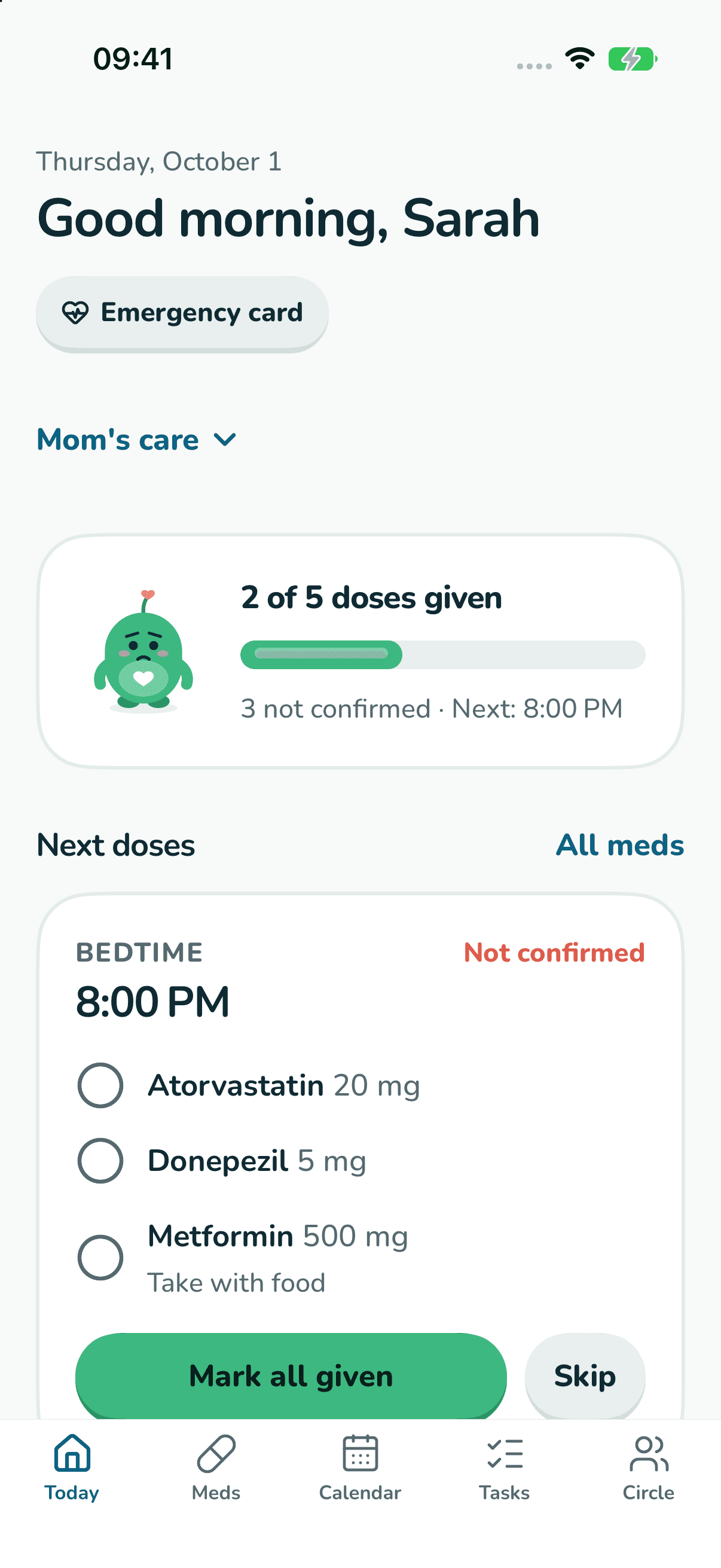 Kinlovi's Today screen: doses given, next doses and the emergency card