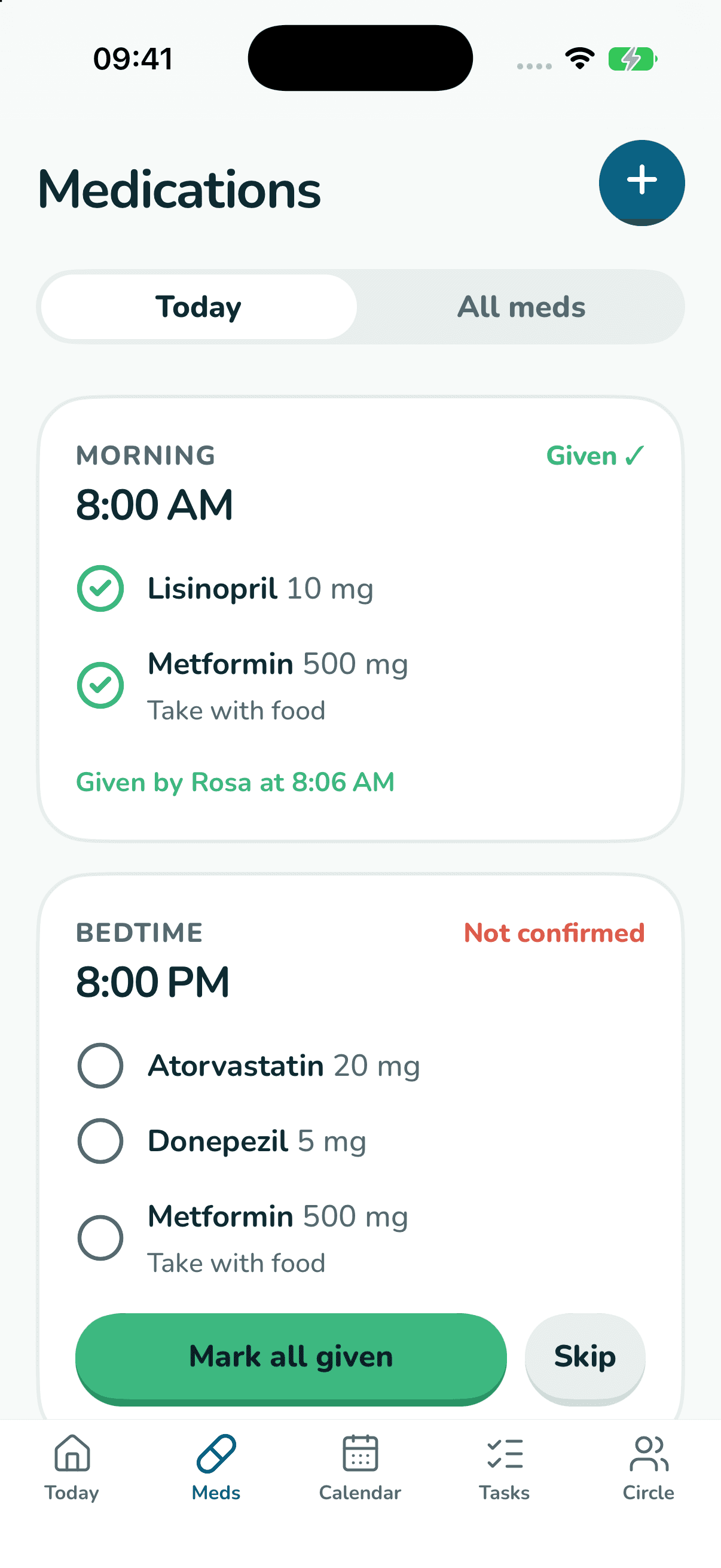The medication list with schedules and refill warnings