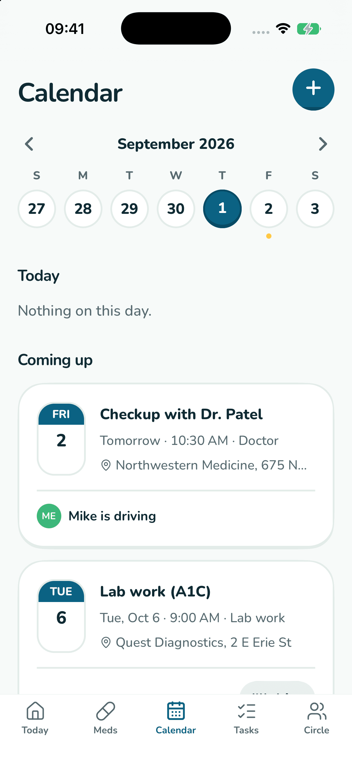 The shared calendar showing who is driving to each appointment