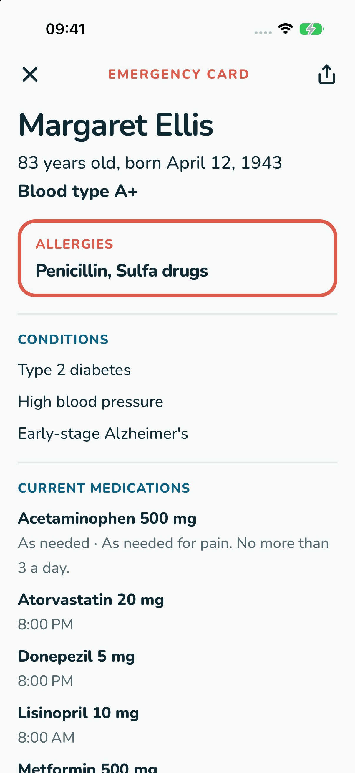 The emergency card with allergies, medications and contacts