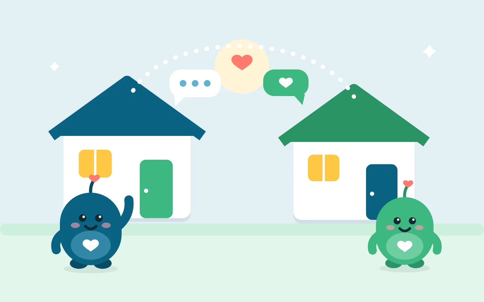Two homes linked by a dotted arc with a heart and message bubbles, a Kin character outside each